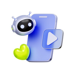 3D icon of an AI robot with a heart and play button For AI media content, viral strategy, automated engagement, and digital marketing.