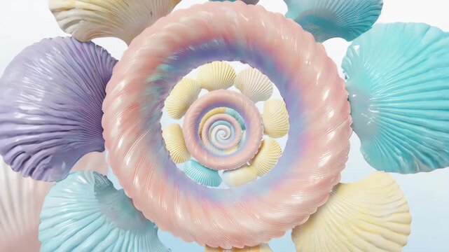 Spiraling shells in pastel colors with large fan-shaped petal-like structures