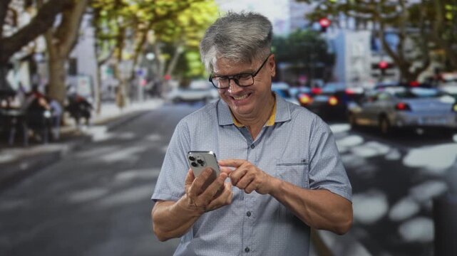 Senior man with grey hair and glasses holding smartphone, smiling and tapping screen while standing on a busy city street with cars, trees and sidewalks visible; joy connection.