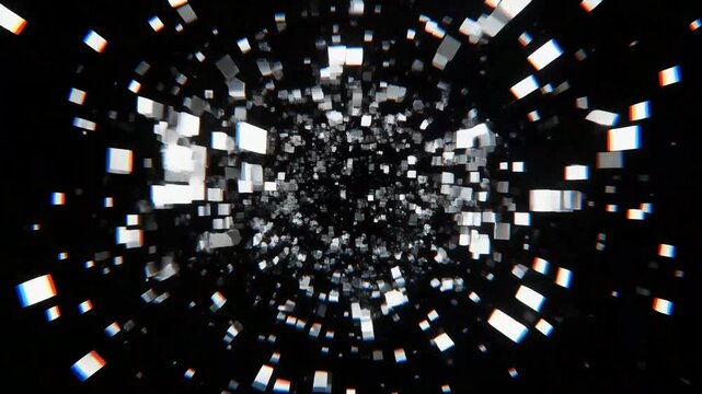 Abstract digital explosion of white rectangular particles on a dark background, creating a sense of motion and data fragmentation.