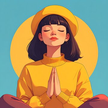 Cartoon portrait girl in yellow sweater and beret meditating with hands together against bright yellow circle background