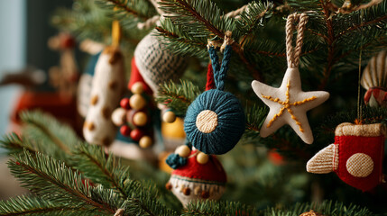 Real Christmas tree decorated with felt ornaments, cotton strings, and vintage-style wooden toys, natural holiday vibe