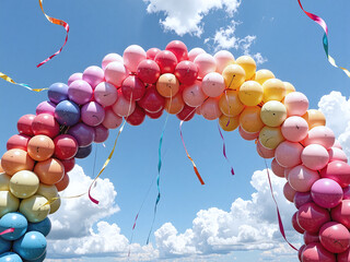 Rainbow balloon arch under clear sky, ribbons fluttering, celebratory atmosphere,A joyful scene celebrating unity and diversity in vibrant colors.