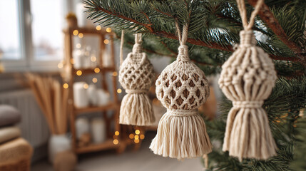Fototapeta premium Rustic holiday interior with handmade macrame ornaments on a real tree, earthy tones and natural fibers