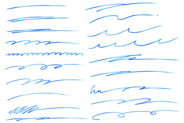 青色の手描きの文字の下の線　アンダーラインセット　ベクター	