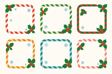 Christmas frame flat icon set. featuring holly, snowflake, square, and border decorations