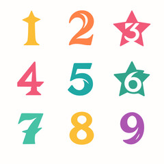 Number symbols flat icon set. featuring numbers 1, 2, 3, 4, 5, 6, 7, 8, 9 with star shapes