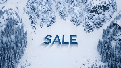 Sale text in blue 3d letters with shadow centered in a snowy mountain landscape with pine trees, winter scene, high angle view