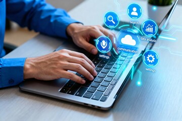 Person typing on laptop with digital icons representing communication, data analysis, and settings floating above the keyboard