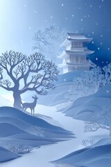 ペーパークラフト調 和風の雪景色と五重塔イメージ