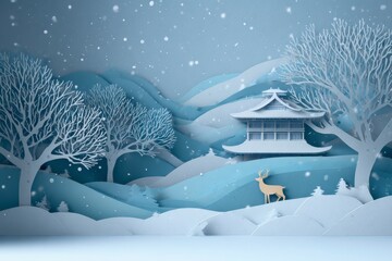 ペーパークラフト調 和風の雪景色と五重塔イメージ