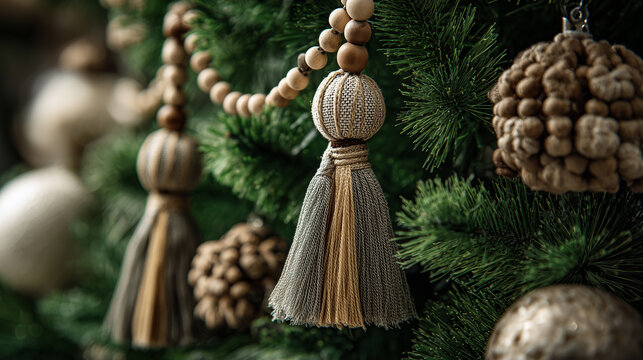 Real tree with natural fiber tassels, jute ribbon, wooden beads