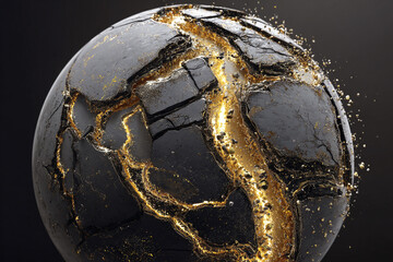 Dark, fractured sphere in space with a vibrant golden fissure running down the middle, symbolizing restoration.