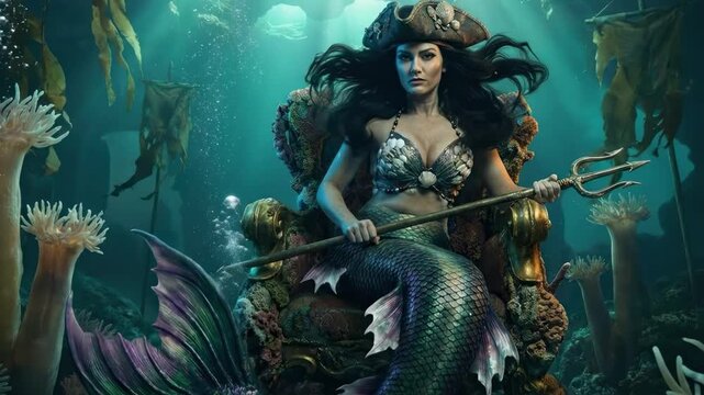 pirate mermaid - A mysterious mermaid in a regal pose, adorned with a pirate hat and holding a trident, surrounded by vibrant underwater flora and ethereal lighting