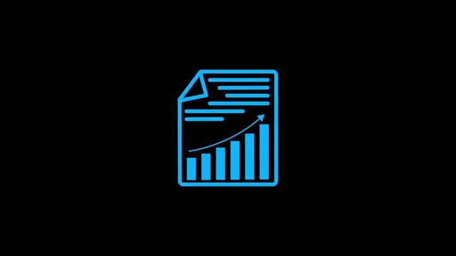 Blue Icon of a Document with Upward Trend Bar Chart and Arrow on Black Background paper report