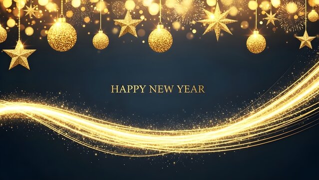 Happy new year greeting card with sparkling golden ornaments and light trails on a dark blue background, festive holiday celebration design - Powered by Adobe