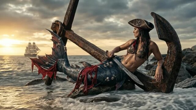 pirate mermaid - A captivating scene shows a mermaid in pirate attire lounging on an anchor amidst ocean waves at sunset, with a tall ship in the background
