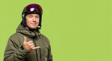 Confident middle-aged man in ski gear making a shaka hand gesture, ready for winter sports on a vibrant green background