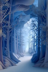 ペーパークラフト調 幻想的な青い森の小道イメージ