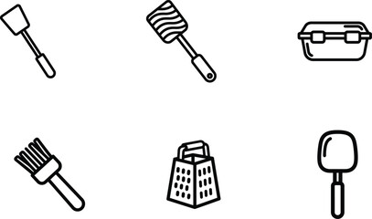 A comprehensive collection of simple outline kitchen utensil icons featuring a variety of essential