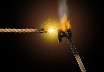 Artificial intelligence burning match shaped like an AI icon symbolizes the explosive risks ethical challenges and disruptive force of artificial intelligence triggering rapid change.