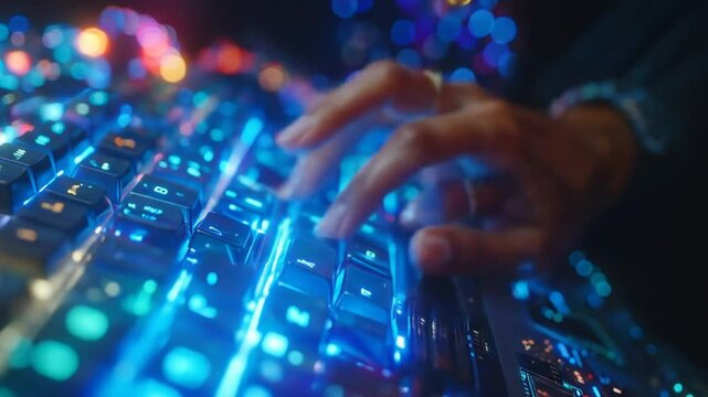 Typing on Illuminated Keyboard: Close-up of Hands and Keys