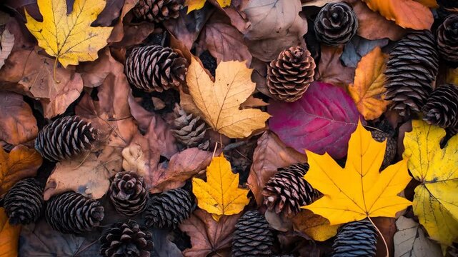 Autumnal foliage display with pine cones and diverse leaf colors