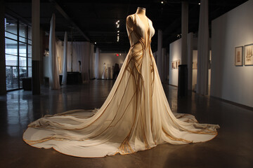 Elegant white gown with a voluminous train on display in an art gallery, featuring complex gold seam designs creating a fluid aesthetic.