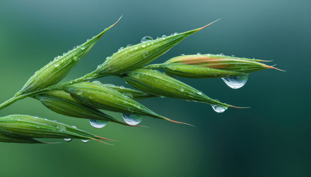 Fresh green wheat ear morning dew glistening with water droplets, close up macro showing texture and delicate stem - Powered by Adobe