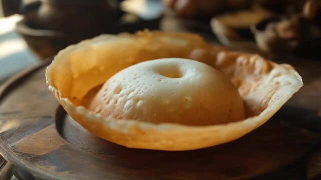 Demonstration of cooking the traditional dessert 'Appam' with egg in a basket, a South Asian cuisine