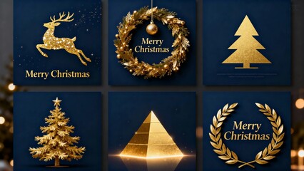 Collection of golden Christmas symbols on dark blue background including reindeer, wreath, tree, pyramid, and laurel wreath with 'Merry Christmas' text
