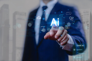 Businessman using artificial intelligence technology by touching virtual AI interface for innovation, data analysis, and digital transformation in modern business strategy.