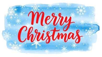 Merry christmas handlettering in red script over a blue watercolor background with white snowflakes, christmas holiday greeting