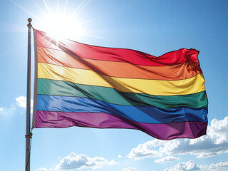 Rainbow flag waving under sunlight, soft-focus sky background, silky texture with gentle wind, symbol of freedom and respect.