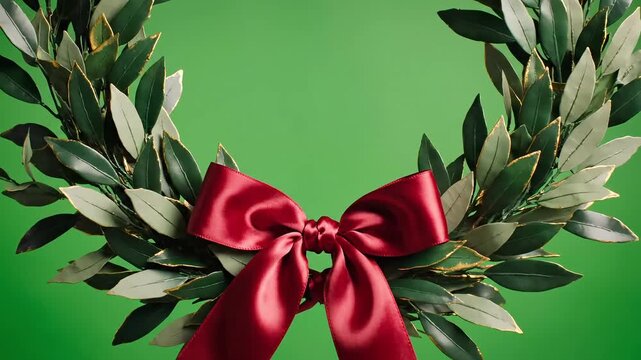 A beautifully decorated laurel wreath with a red bow on a green background