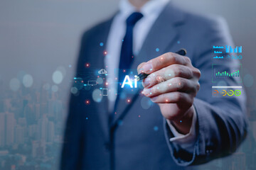 Businessman using artificial intelligence technology by touching virtual AI interface for innovation, data analysis, and digital transformation in modern business strategy.