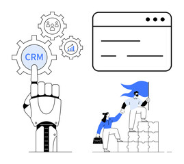 Customer relationship management, teamwork, workflow optimization, business strategy, automation, leadership. Robot hand pointing to CRM, people collaborating on stacked puzzle pieces. CRM