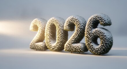 Snow-covered Topiary Numbers 2026 Glowing in a Serene Winter Landscape