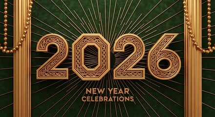 Luxurious Golden 2026 New Year Celebrations Art Deco Design on Deep Green