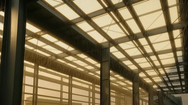 Dramatic shadows and light patterns from an architectural ceiling grid create geometric shapes across illuminated panels, casting a stunning interplay of lines and warm golden tones.
