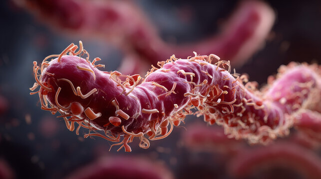Close up view of vibrant, pink E. coli bacterium with detailed surface structures, showcasing its movement through dark background