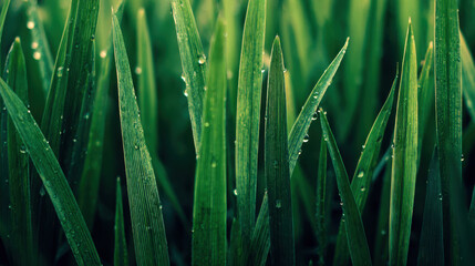 Morning dew glistens on tender grass blades creating fresh green close up with water droplets and soft morning light evoking calm and renewal