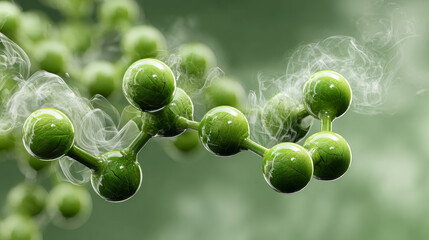 Green molecules float in misty atmosphere, evoking sense of mystery and science