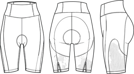 Fashion CAD drawing flat vector illustration, women's cycling shorts technical sketch with supportive padding, mesh side panels, and high-waist athletic design.