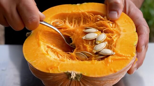 Preparing pumpkin for cooking by scooping out seeds with a spoon food preparation
