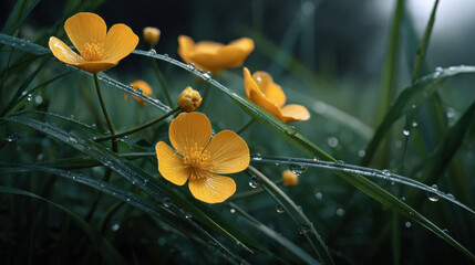Shining dew drops buttercup flower yellow blossom grass blade morning moisture close up shiny dew drops on buttercup flower petals in early morning light creating fresh and serene feel