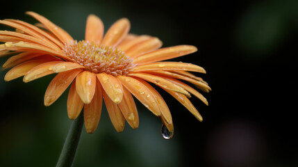 Orange gerbera daisy petal with water droplet macro close up, delicate orange petal and glistening droplet evoke calm and freshness in shallow depth of field