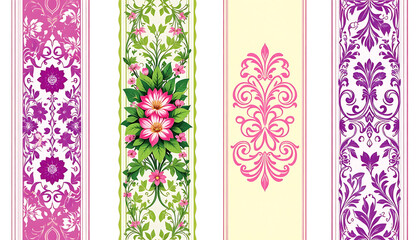 A set of four elegant vertical borders with floral and damask patterns.