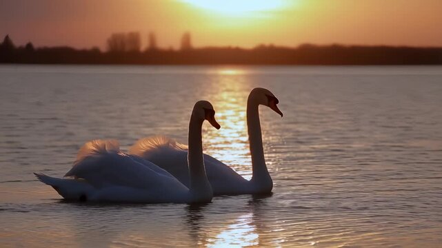 Two elegant swans glide gracefully across the still water as the sun sets in the background. The swans create a serene scene, reflecting the beauty of nature and tranquility.