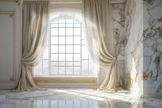 Opulent room with arched window, marble walls, and luxurious drapes.